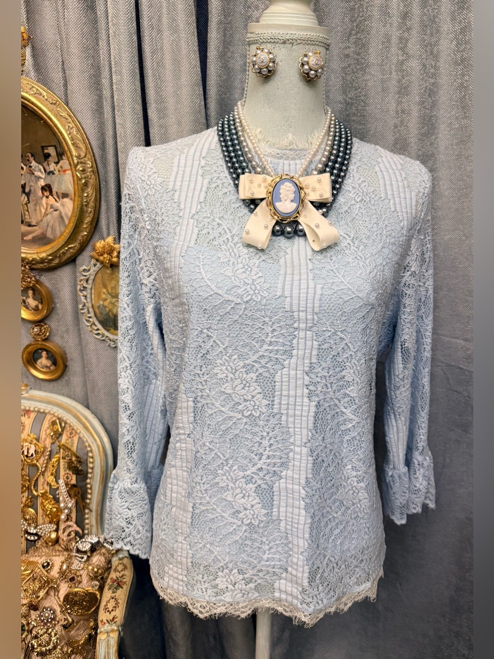 Elegant Lace Women’s Top in Light Blue with Jewelry
